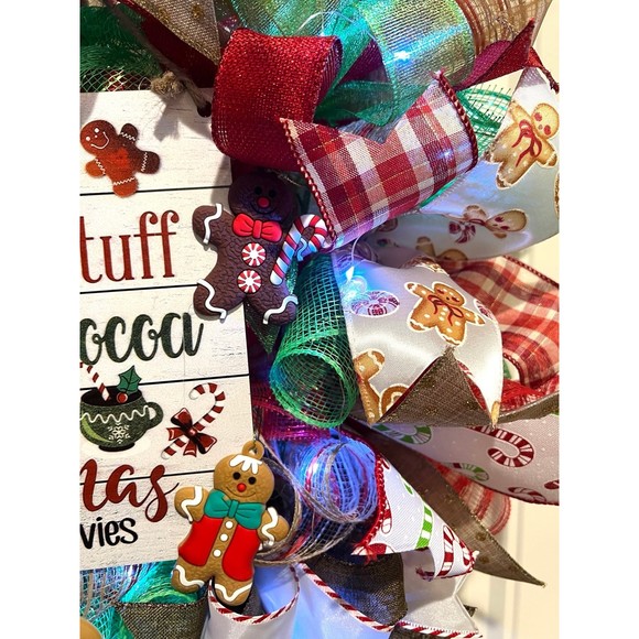 Christmas Gingerbread Man Holiday Ribbon Door Wreath Handmade 22 ins LED W5 - Picture 8 of 10